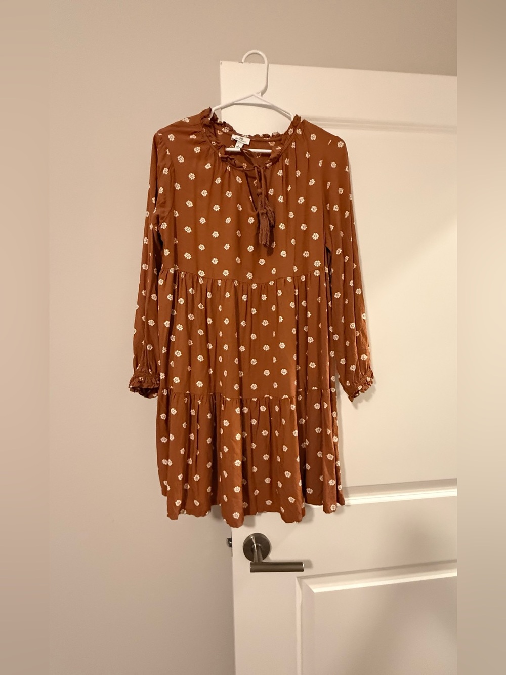 dip Rust Brown Floral Tie-Neck Tiered Dress